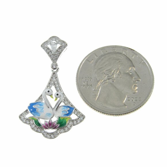 Solid 925 Sterling Silver and Blue & White Enamel Swans Pendant, Colorful Charm - Picture 5 of 8